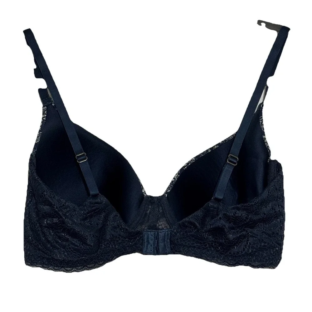Lucky Brand Bra‎ 36C Navy Blue Paisley Underwire Contour Padded Lace Mesh Trim